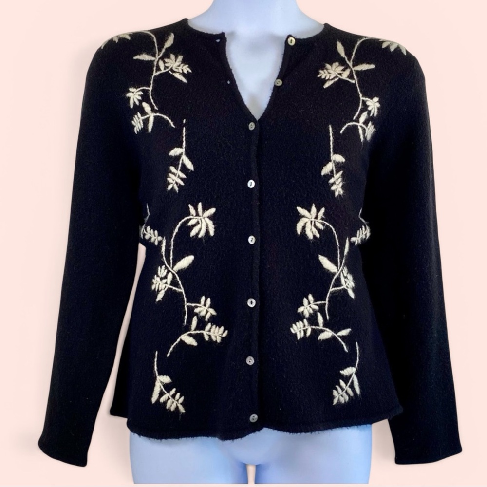 Charter Club Women’s 1X Vintage Black Cardigan with White Floral Embroidery